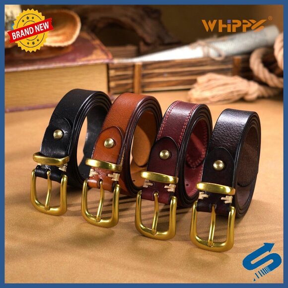 Full Grain Leather Belt with Gold Buckle, 9-Hole Adjustable, 1.1\
